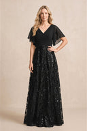 Black Chiffon V-Neck A-Line Embroidered Mother of the Bride Dress with Ruffled Sleeves | KISSBRIDAL