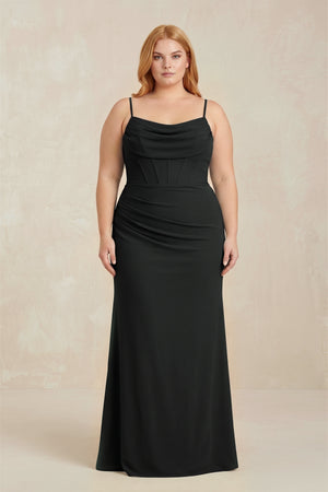 Black Cowl Neck Sheath Chiffon Bridesmaid Dress with Corset [sizeplus] | KISSBRIDAL