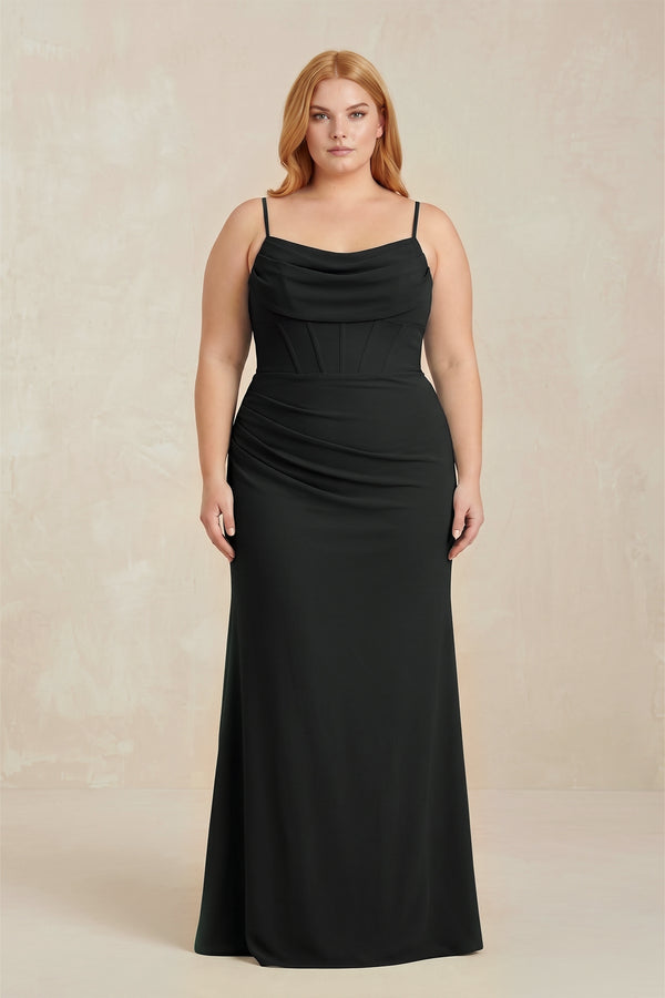 Black Cowl Neck Sheath Chiffon Bridesmaid Dress with Corset [sizeplus] | KISSBRIDAL