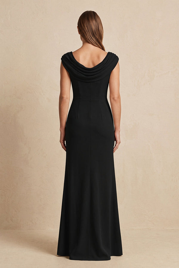 Black Cowl Neck Sheath Chiffon Mother of the Bride Dress with Slit and Cap Sleeves (2) | KISSBRIDAL