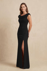 Black Cowl Neck Sheath Chiffon Mother of the Bride Dress with Slit and Cap Sleeves | KISSBRIDAL