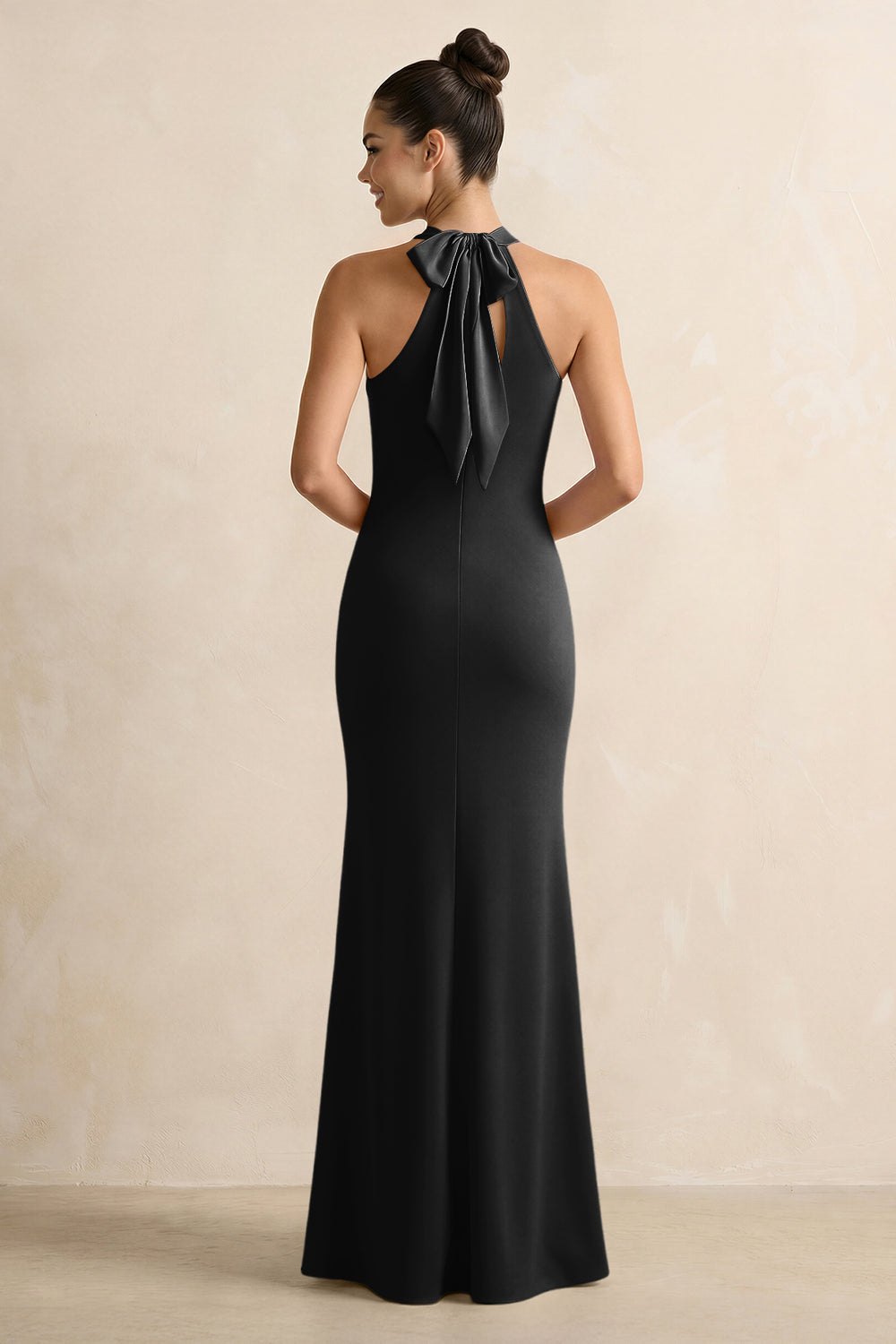 Crisscross Halter Sheath Satin Bridesmaid Dress with Bow in Black