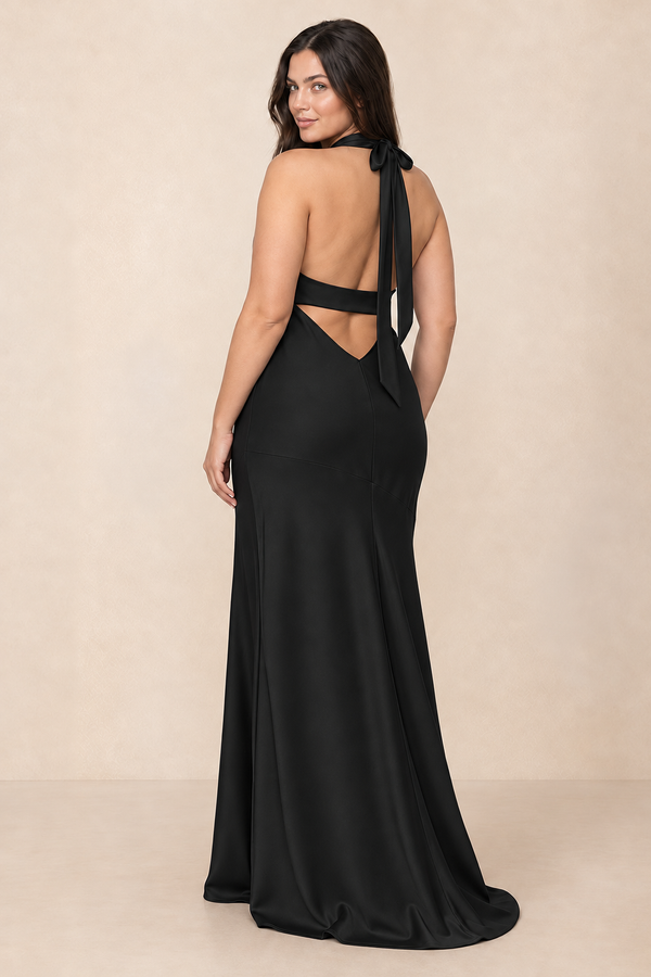 Black Cross Halter Sheath Bridesmaid Dress With Slit (2) [sizeplus] | KISSBRIDAL
