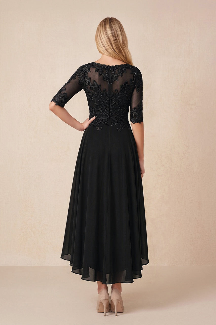 Black Embroidered A-Line Chiffon Midi Mother of the Bride Dress with Sleeves