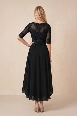 Black Embroidered A-Line Chiffon Midi Mother of the Bride Dress with Sleeves (2) | KISSBRIDAL