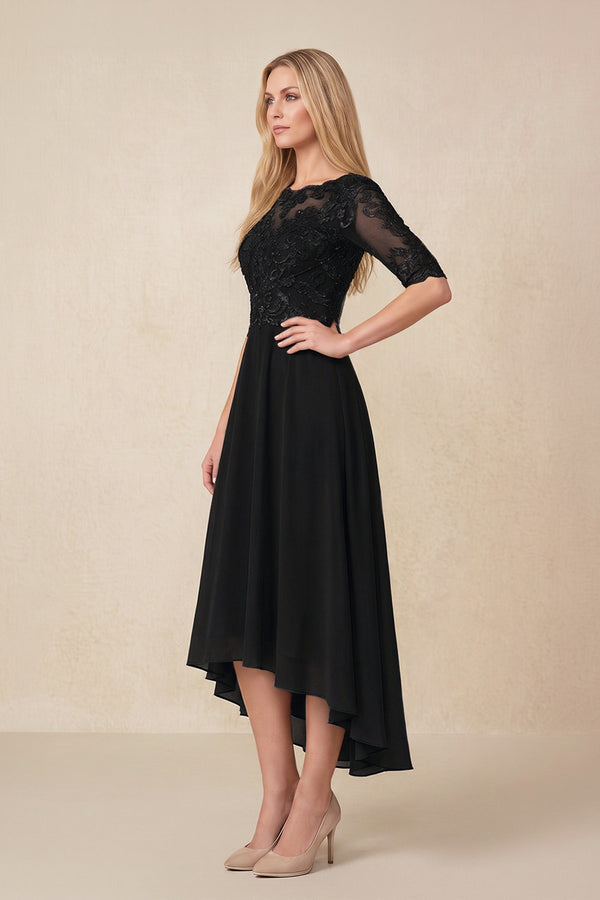 Black Embroidered A-Line Chiffon Midi Mother of the Bride Dress with Sleeves (3) | KISSBRIDAL