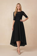 Black Embroidered A-Line Chiffon Midi Mother of the Bride Dress with Sleeves | KISSBRIDAL