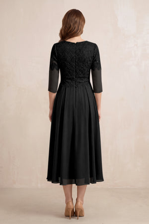Black Embroidered Chiffon A-Line Midi Mother of the Bride Dress (2) | KISSBRIDAL