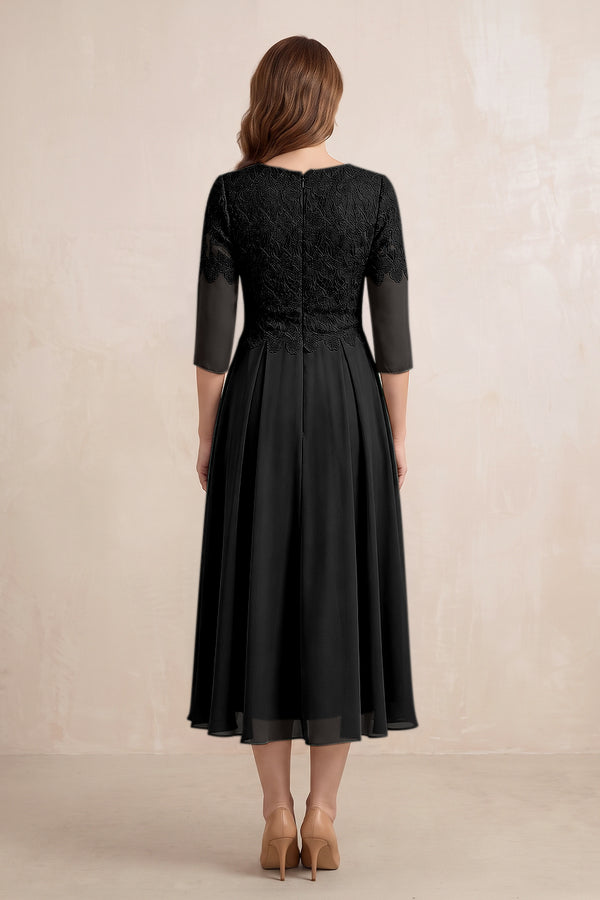 Black Embroidered Chiffon A-Line Midi Mother of the Bride Dress (2) | KISSBRIDAL