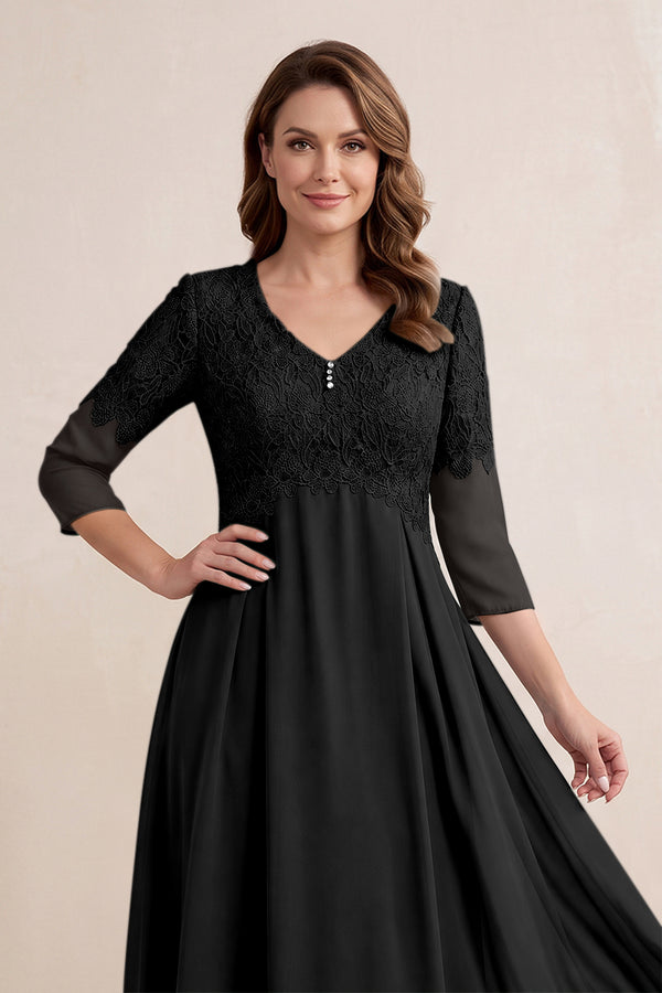 Black Embroidered Chiffon A-Line Midi Mother of the Bride Dress (3) | KISSBRIDAL