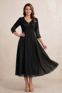 Black Embroidered Chiffon A-Line Midi Mother of the Bride Dress | KISSBRIDAL