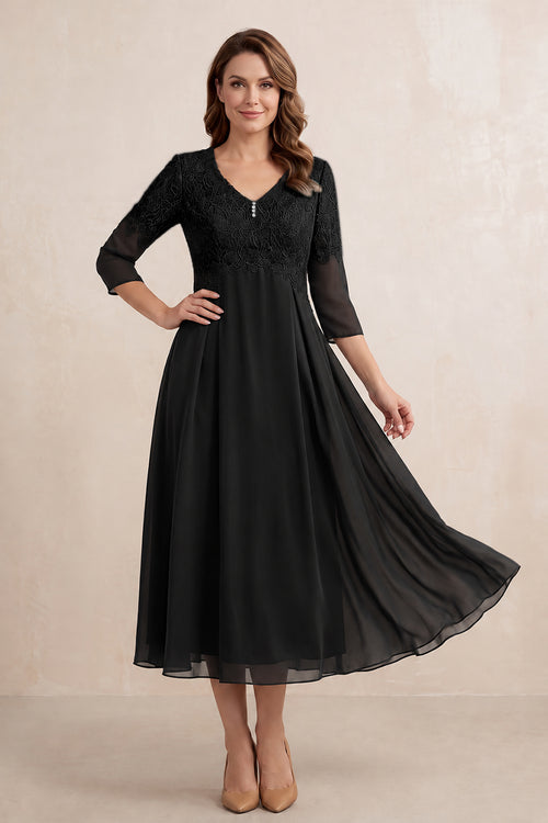 Black Embroidered Chiffon A-Line Midi Mother of the Bride Dress | KISSBRIDAL