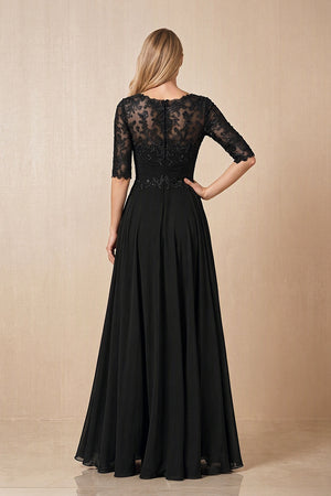 Black Embroidered Chiffon Boat Neck A-Line Mother of the Bride Dress with Half Sleeves (2) | KISSBRIDAL