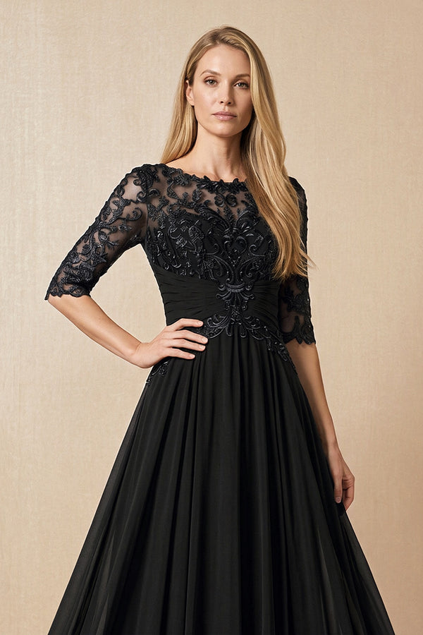 Black Embroidered Chiffon Boat Neck A-Line Mother of the Bride Dress with Half Sleeves (3) | KISSBRIDAL
