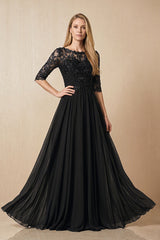 Black Embroidered Chiffon Boat Neck A-Line Mother of the Bride Dress with Half Sleeves | KISSBRIDAL