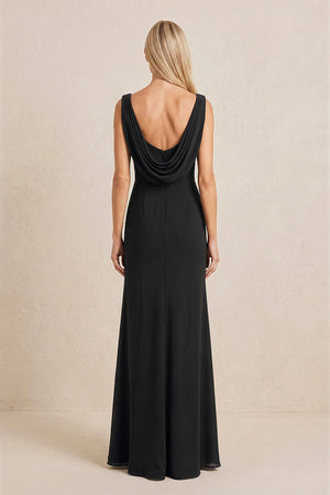Black Embroidered Cowl Neck Sheath Chiffon Mother of the Bride Dress (2) | KISSBRIDAL