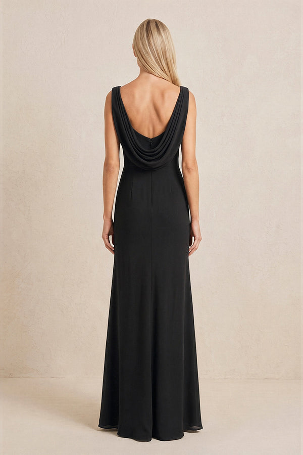 Black Embroidered Cowl Neck Sheath Chiffon Mother of the Bride Dress (2) | KISSBRIDAL