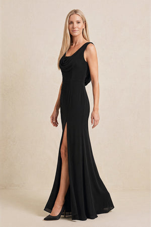 Black Embroidered Cowl Neck Sheath Chiffon Mother of the Bride Dress (3) | KISSBRIDAL