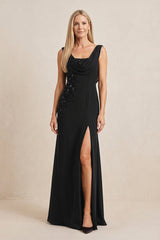 Black Embroidered Cowl Neck Sheath Chiffon Mother of the Bride Dress | KISSBRIDAL