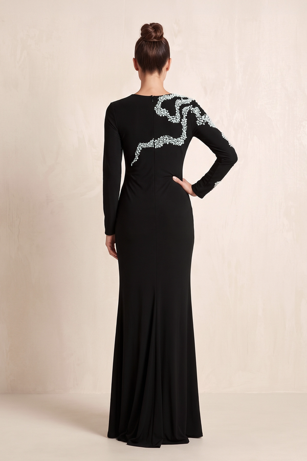 Black Embroidered Matte Satin Sheath Mother of the Bride Dress with Sleeves (2) | KISSBRIDAL