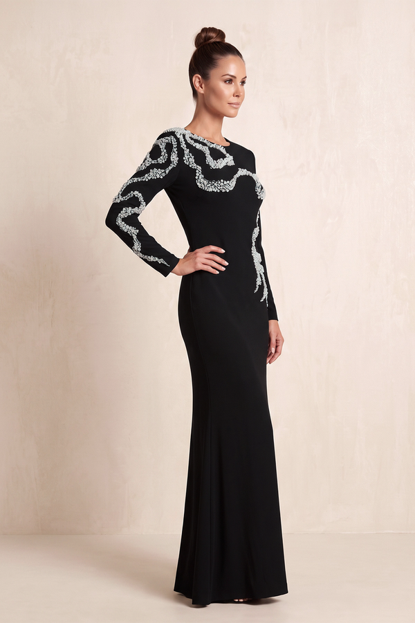 Black Embroidered Matte Satin Sheath Mother of the Bride Dress with Sleeves (3) | KISSBRIDAL