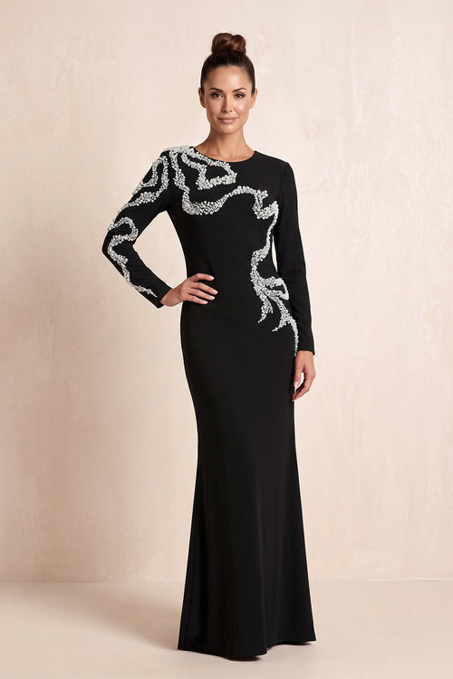 Black Embroidered Matte Satin Sheath Mother of the Bride Dress with Sleeves | KISSBRIDAL