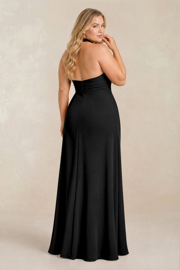 Black High Neck Chiffon Sheath Ruched Bridesmaid Dress (2) [sizeplus] | KISSBRIDAL