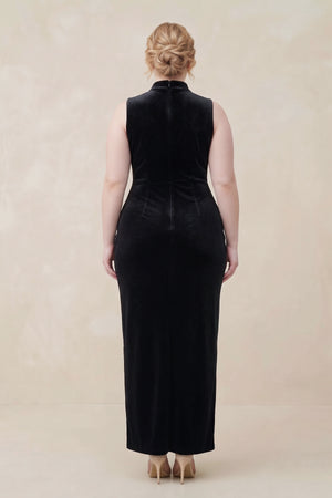 Black High Neck Sheath Velvet Bridesmaid Dress With Slit (2) [sizeplus] | KISSBRIDAL