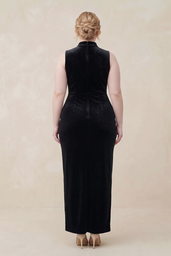 Black High Neck Sheath Velvet Bridesmaid Dress With Slit (2) [sizeplus] | KISSBRIDAL