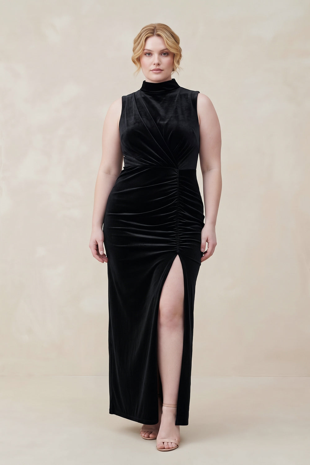 High Neck Sheath Velvet Bridesmaid Dress With Slit in Black