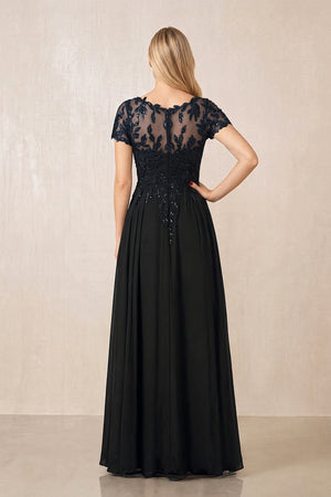 Black Illusion Neck A-Line Chiffon Cap Sleeves Mother of the Bride Dress (2) | KISSBRIDAL