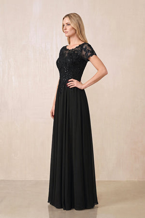 Black Illusion Neck A-Line Chiffon Cap Sleeves Mother of the Bride Dress (3) | KISSBRIDAL