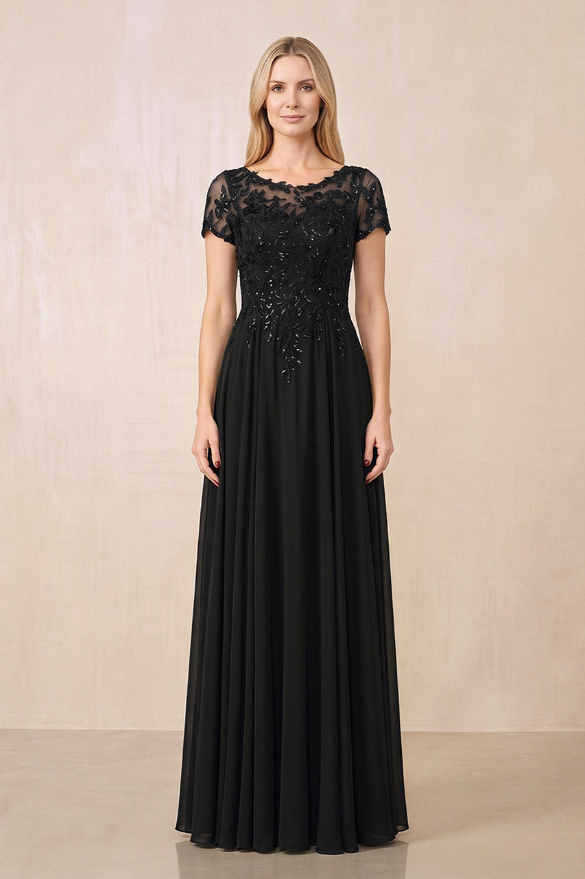Black Illusion Neck A-Line Chiffon Cap Sleeves Mother of the Bride Dress