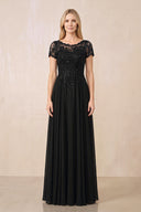 Black Illusion Neck A-Line Chiffon Cap Sleeves Mother of the Bride Dress | KISSBRIDAL