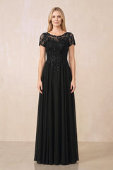Black Illusion Neck A-Line Chiffon Cap Sleeves Mother of the Bride Dress | KISSBRIDAL