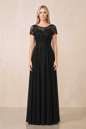Black Illusion Neck A-Line Chiffon Cap Sleeves Mother of the Bride Dress | KISSBRIDAL