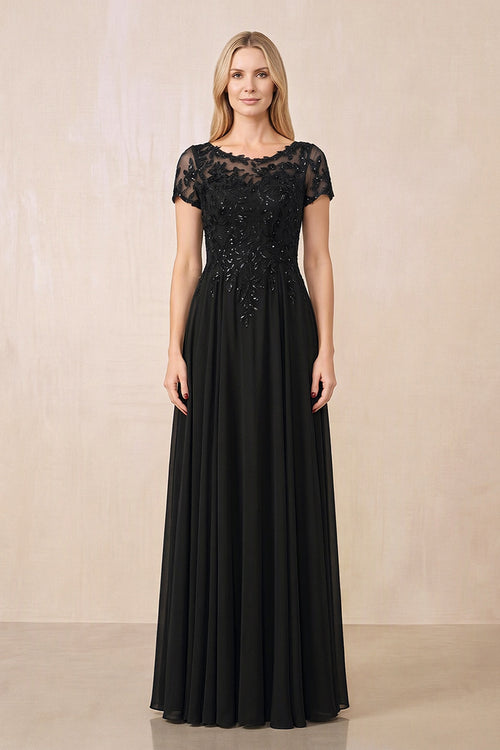 Black Illusion Neck A-Line Chiffon Cap Sleeves Mother of the Bride Dress | KISSBRIDAL
