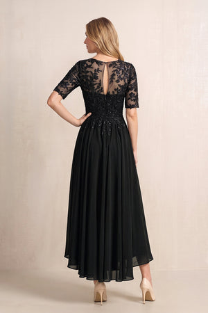 Black Illusion Neck A-Line Chiffon Lace Midi Mother of the Bride Dress with Half Sleeves (2) | KISSBRIDAL