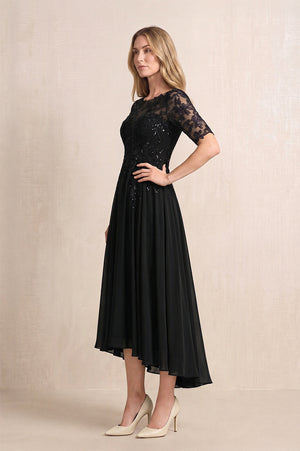 Black Illusion Neck A-Line Chiffon Lace Midi Mother of the Bride Dress with Half Sleeves (3) | KISSBRIDAL