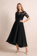 Black Illusion Neck A-Line Chiffon Lace Midi Mother of the Bride Dress with Half Sleeves | KISSBRIDAL