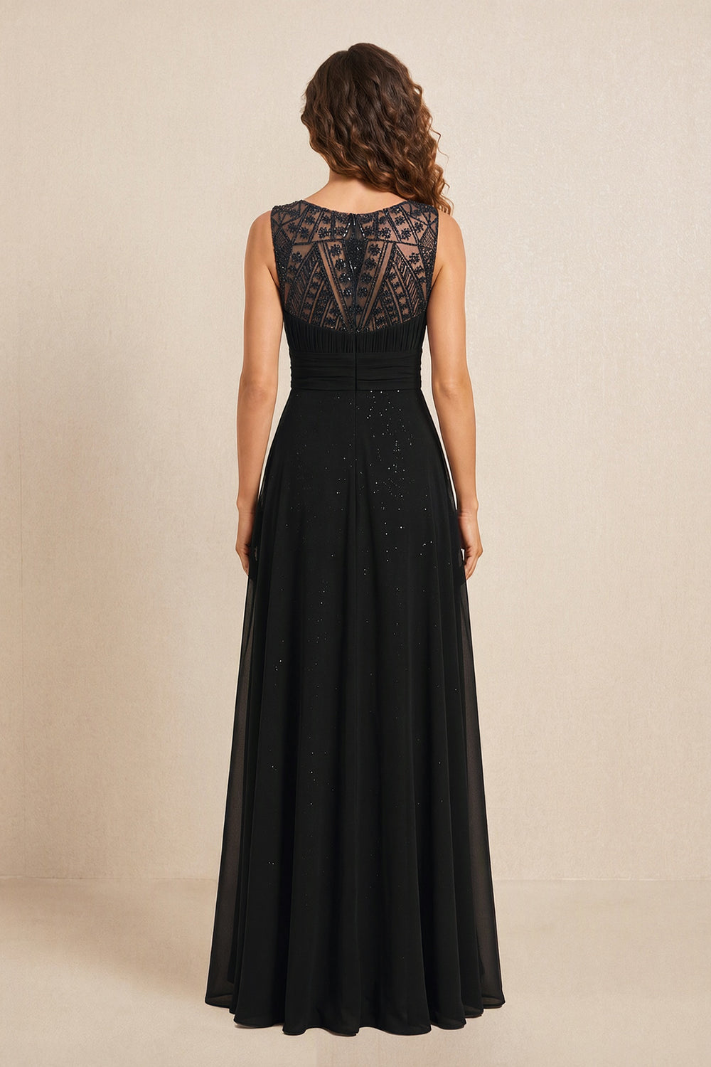 Black Illusion Neck A-Line Satin Embroidered Pleated Mother of the Bride Dress