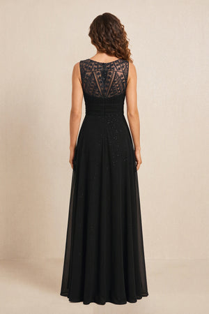 Black Illusion Neck A-Line Satin Embroidered Pleated Mother of the Bride Dress (2) | KISSBRIDAL