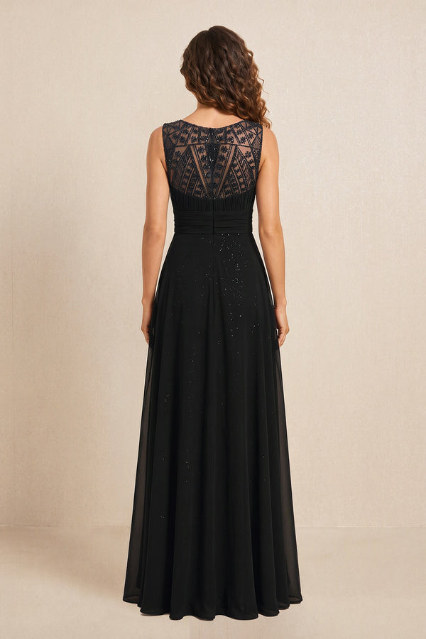 Black Illusion Neck A-Line Satin Embroidered Pleated Mother of the Bride Dress (2) | KISSBRIDAL