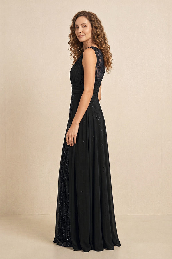 Black Illusion Neck A-Line Satin Embroidered Pleated Mother of the Bride Dress (3) | KISSBRIDAL