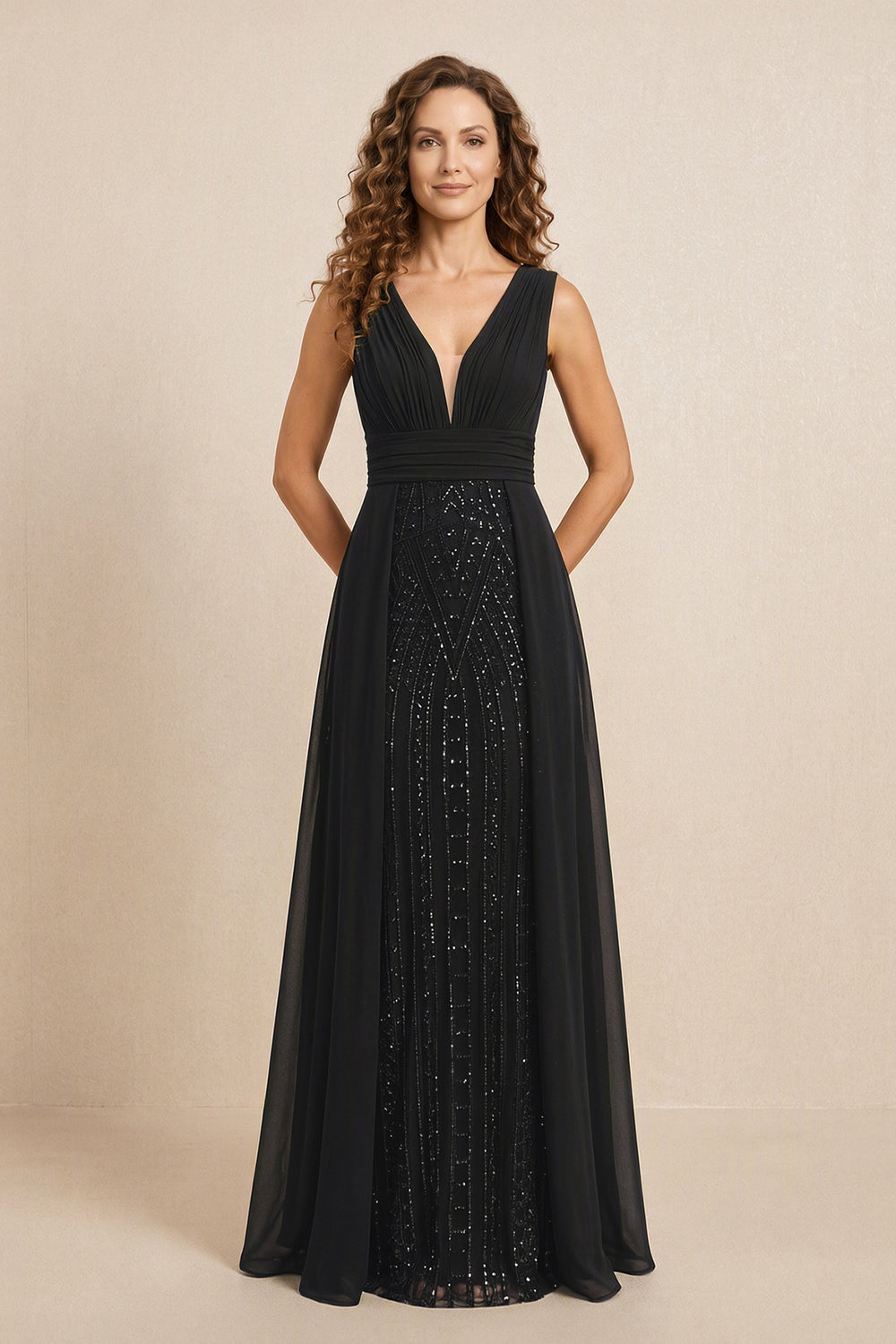 Black Illusion Neck A-Line Satin Embroidered Pleated Mother of the Bride Dress