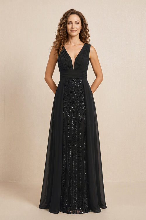 Black Illusion Neck A-Line Satin Embroidered Pleated Mother of the Bride Dress | KISSBRIDAL