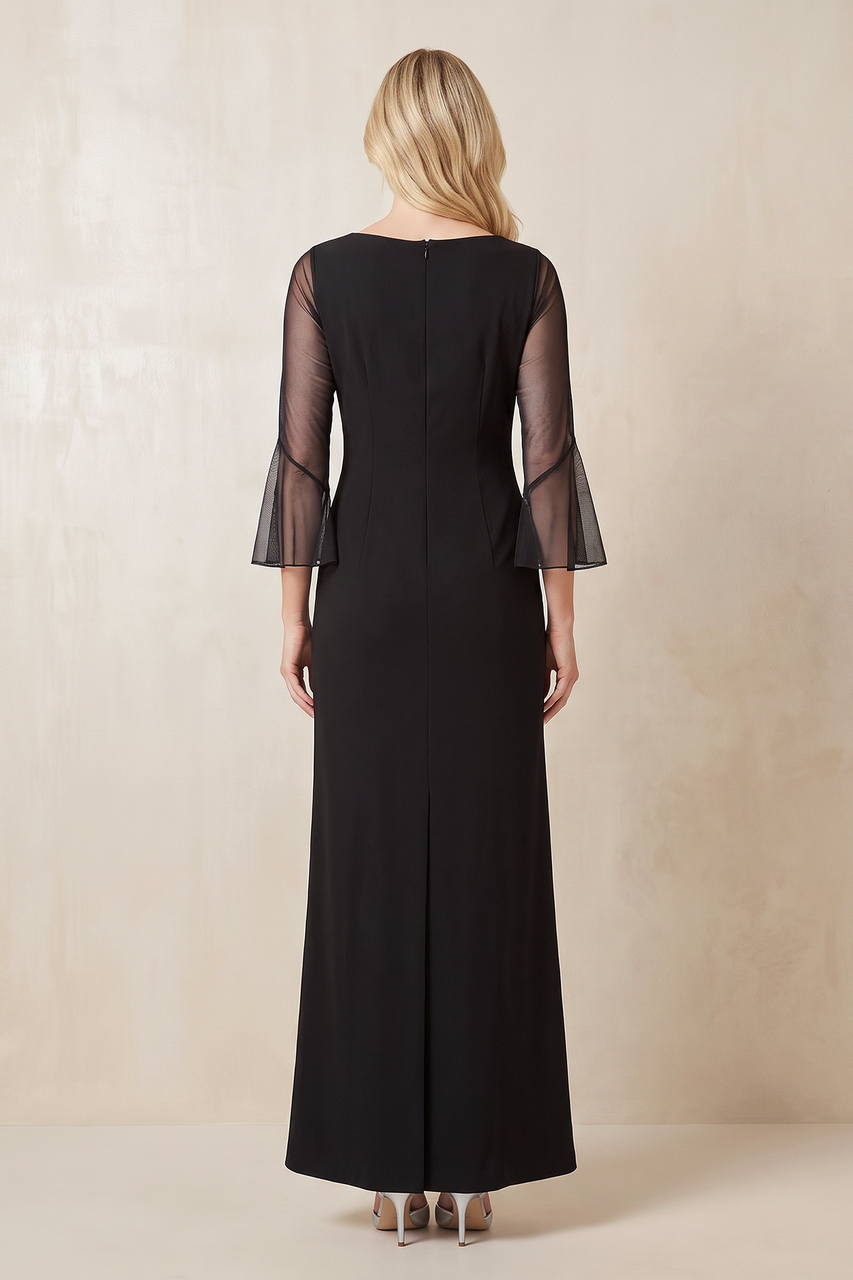 Black Illusion Neck Sheath Beaded Satin Mother of the Bride Dress With Sleeves