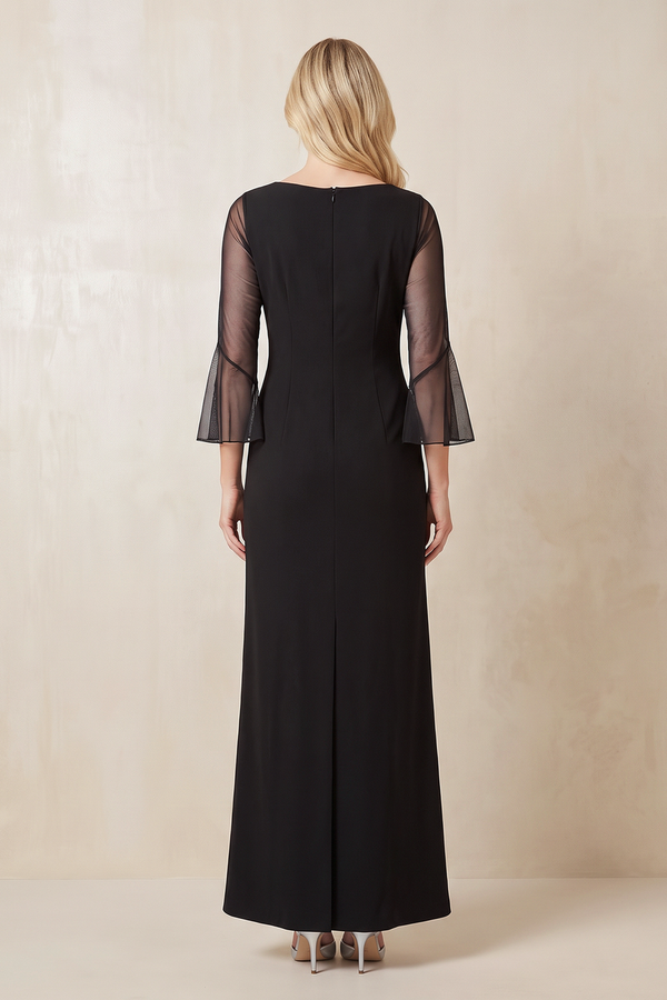 Black Illusion Neck Sheath Beaded Satin Mother of the Bride Dress With Sleeves (2) | KISSBRIDAL