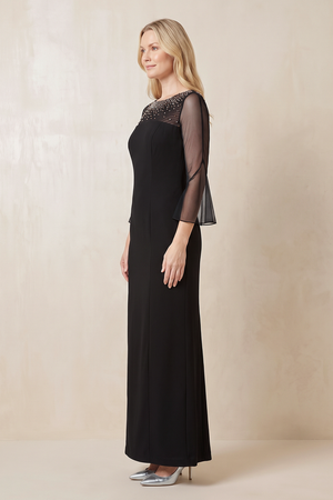 Black Illusion Neck Sheath Beaded Satin Mother of the Bride Dress With Sleeves (3) | KISSBRIDAL