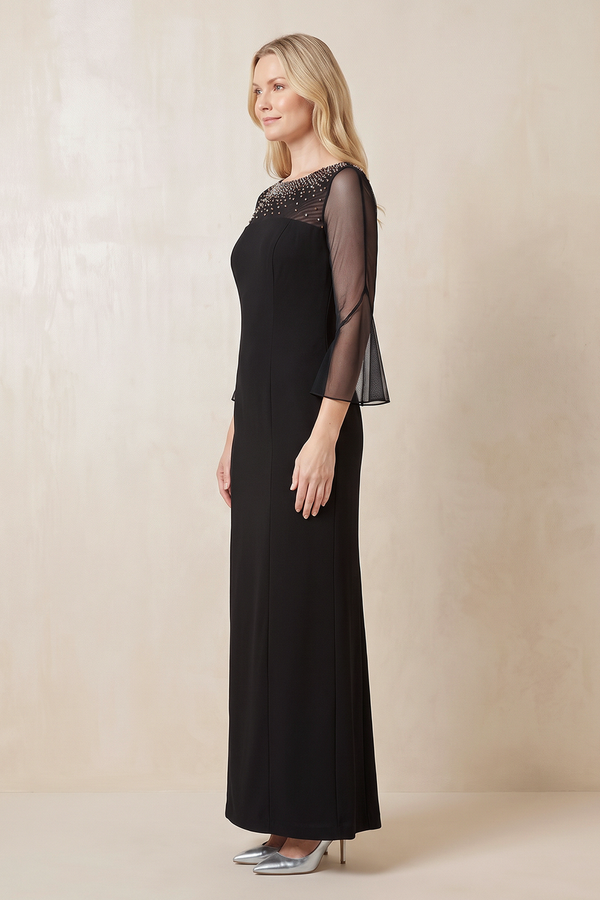 Black Illusion Neck Sheath Beaded Satin Mother of the Bride Dress With Sleeves (3) | KISSBRIDAL